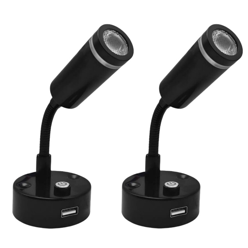 2X 12V Black USB Port LED Bedside Flexible Reading Light Desk Wall Lamp with Switch